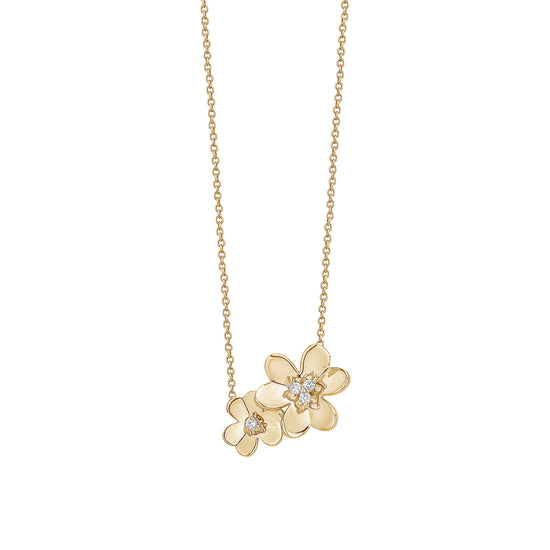 Double Three Petal Gold & Diamond Flower on Chain Necklace