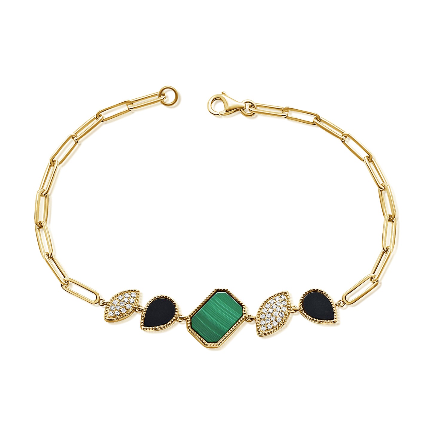 Bezel Malachite, Onyx & Pave Diamond Pear on Paperclip Bracelet