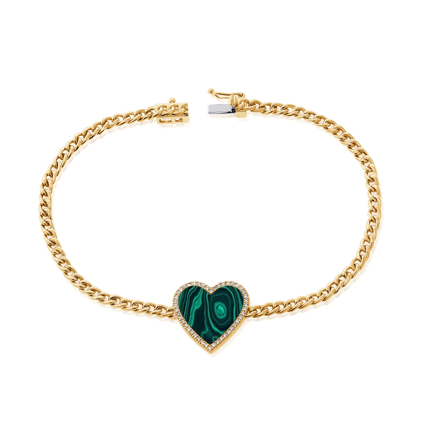 Malachite Heart & Diamond Halo On Cuban Chain Bracelet