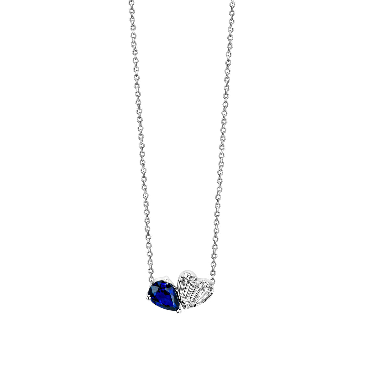 Pear Shaped Sapphire & Heart Shaped Diamond Cluster on Chain Necklace