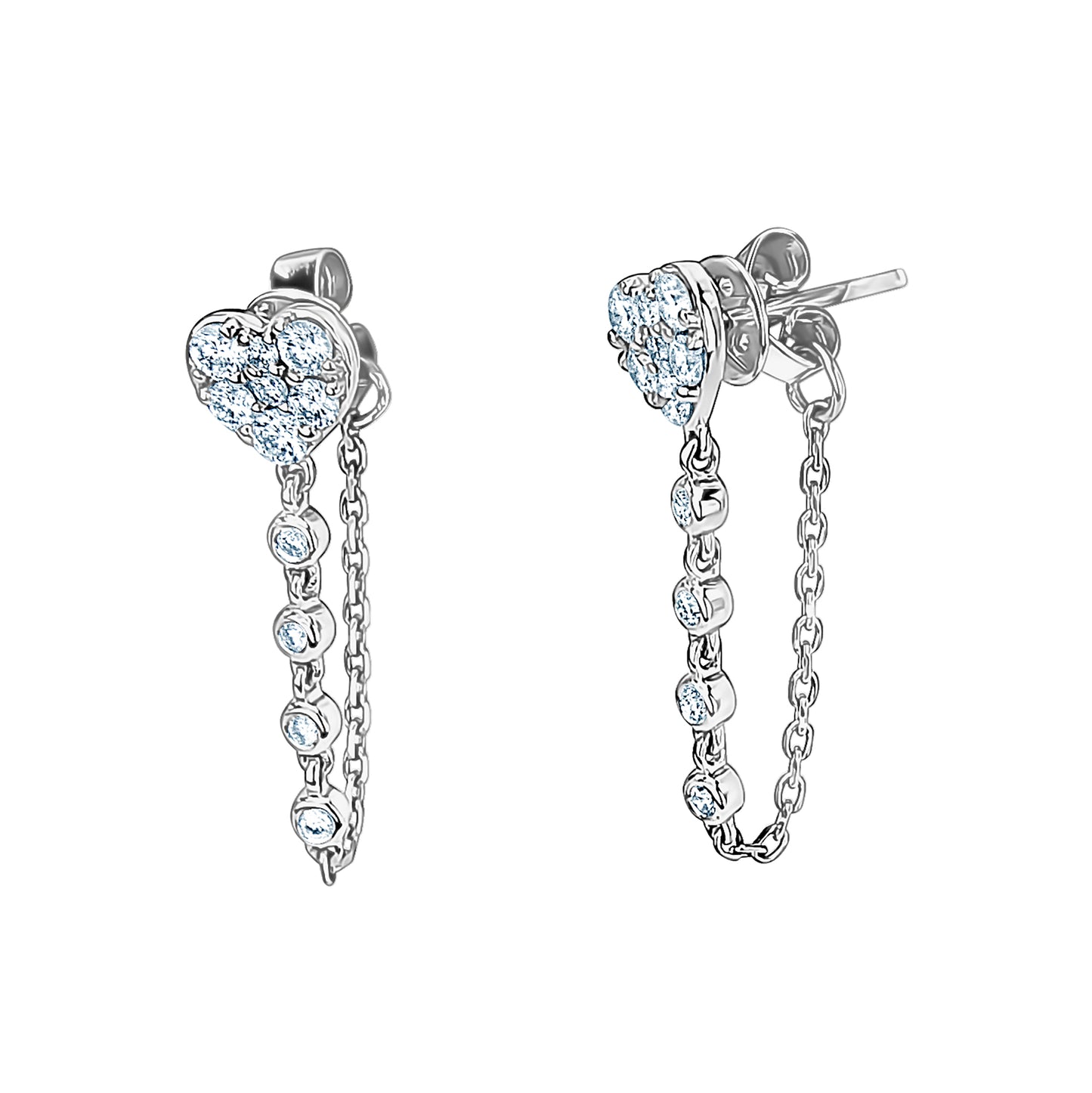 Diamond Heart Studs With Hanging Chain Back