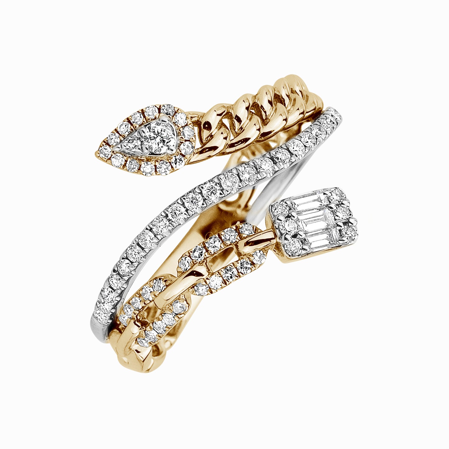 Wavy Diamond Ring With Pave Diamond Links & Cuban Chain