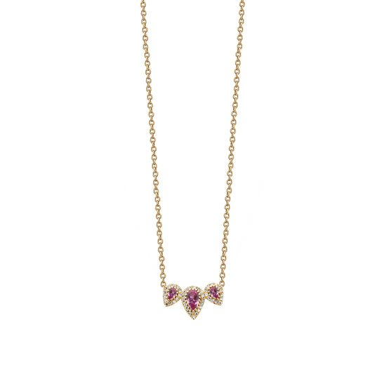 3 Pear Shaped Pink Sapphires & Diamond Halo Chain Necklace