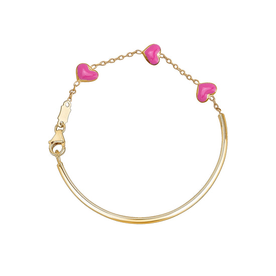 Half Bangle Half Chain with 3 Pink Enamel Hearts Baby Bracelet