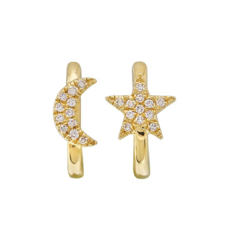 Gold Huggie Earrings With Diamond Moon & Star
