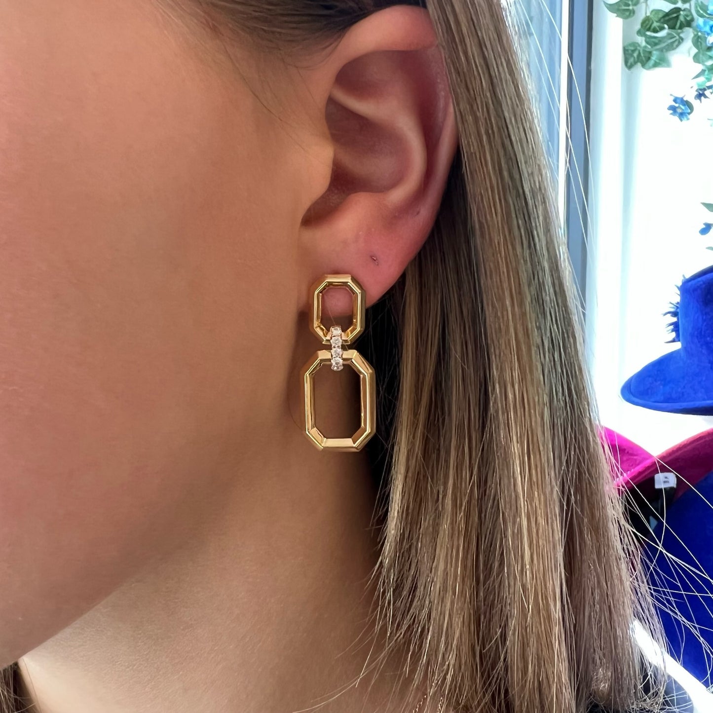 Double Hanging Gold Octagons with Diamond Loop Earrings