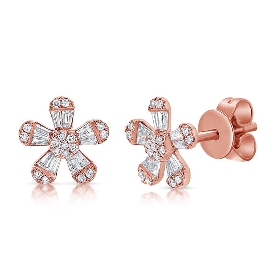 Petite Baguette Diamond Flower Earrings