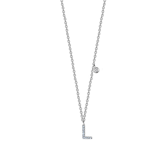 Diamond Initial & Bezel Chain Necklace in White Gold