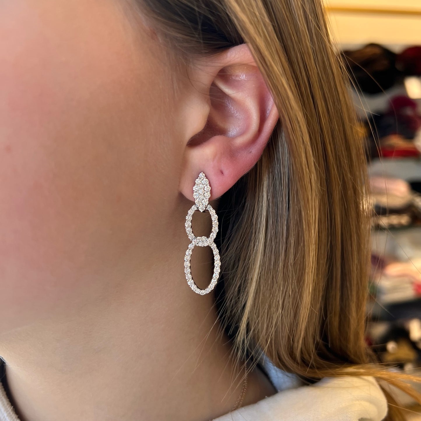 Elongated Double Oval Hanging Diamond Earrings