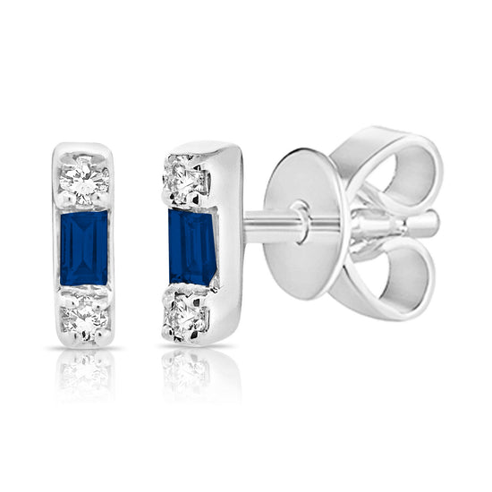 Mini Baguette Blue Sapphire & Diamond Bar Earring
