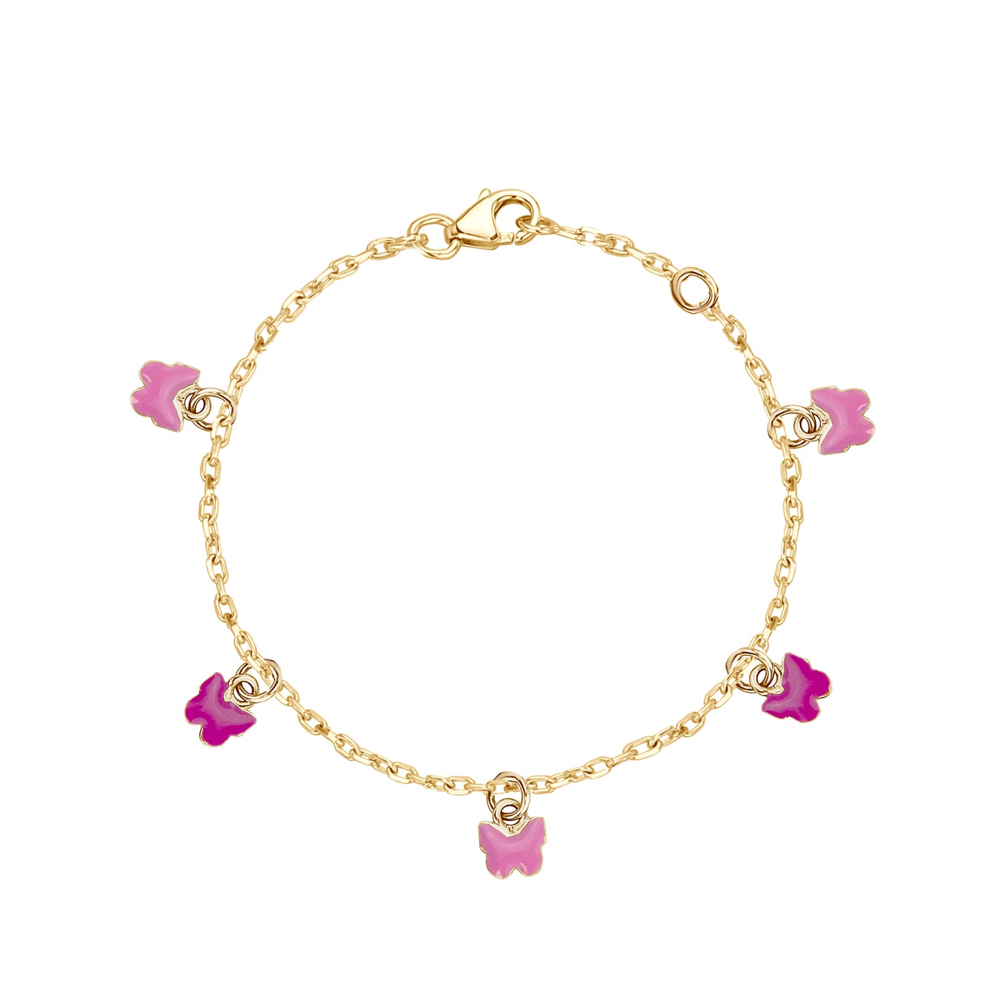 Load image into Gallery viewer, Hanging Pink &amp;amp; Fuschia Enamel Butterflies on Baby Chain Bracelet
