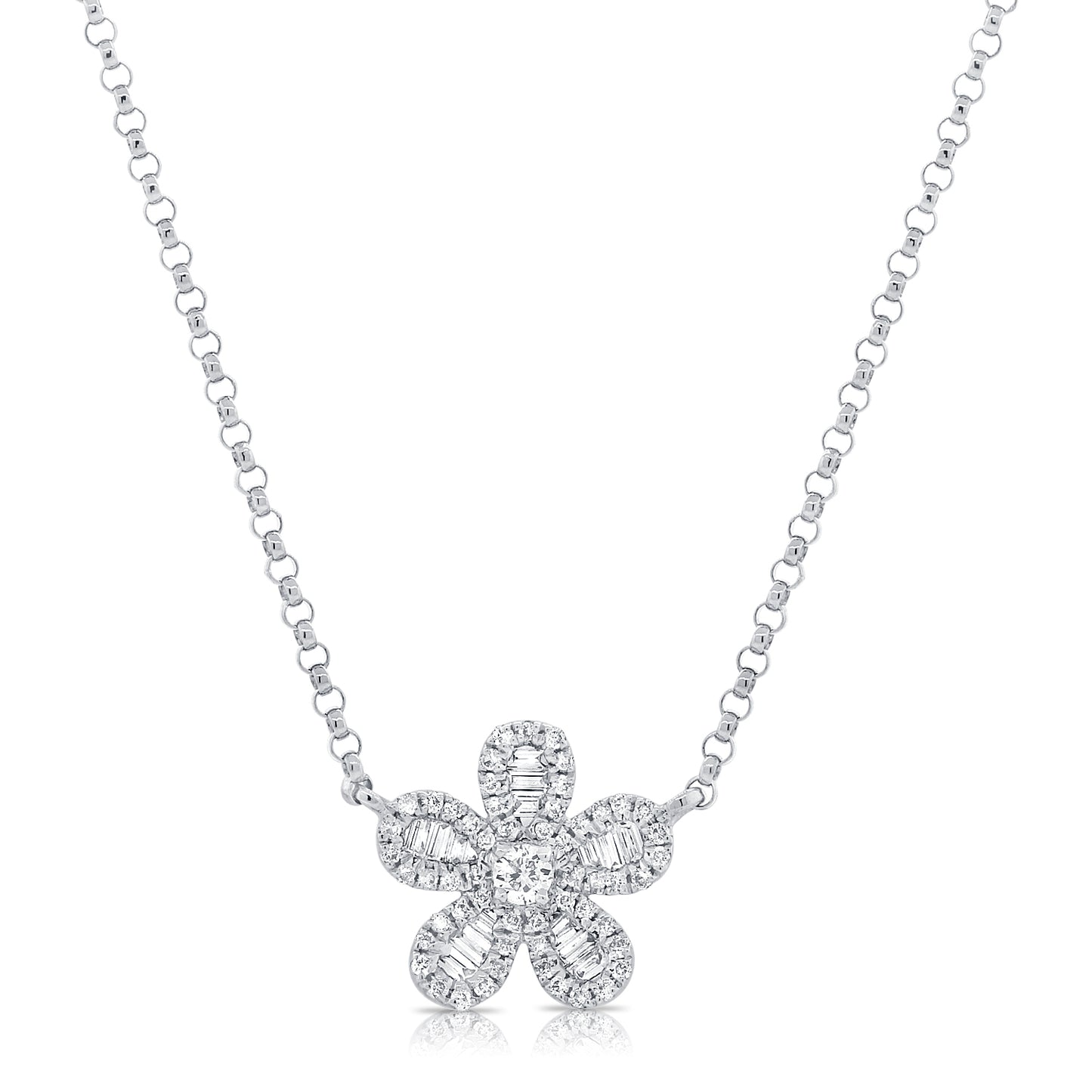 Baguette Diamond Flower on Chain Necklace