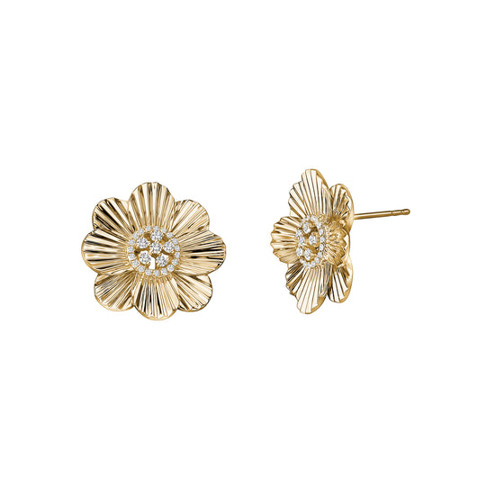 Diamond & Pleated Gold Flower Earrings