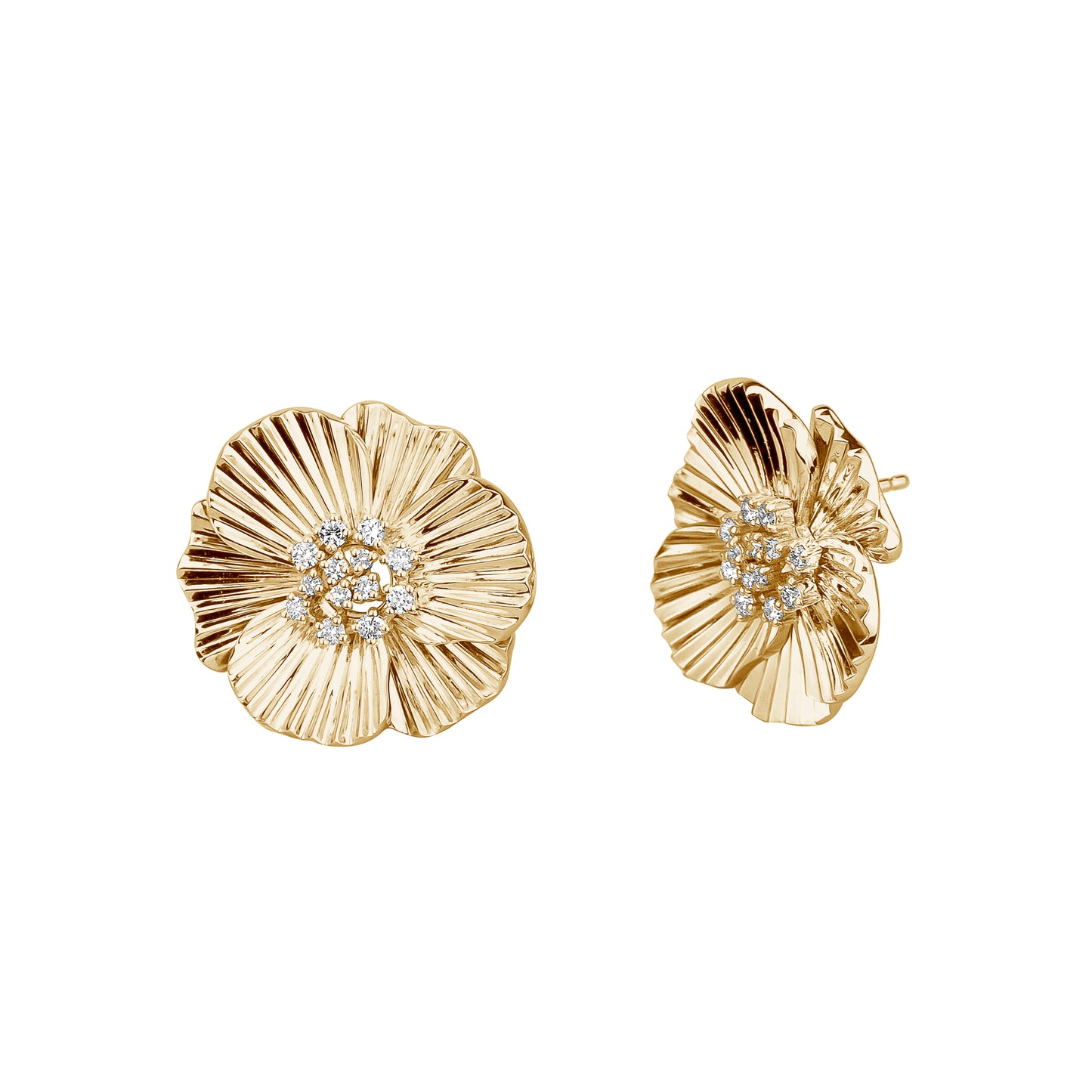 6 Petal Fluted Gold & Diamond Center Earrings