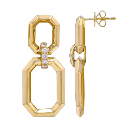 Double Hanging Gold Octagons with Diamond Loop Earrings