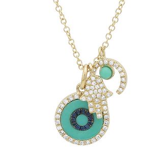 Diamond Hamsa, Moon & Turquoise Eye Charm Necklace