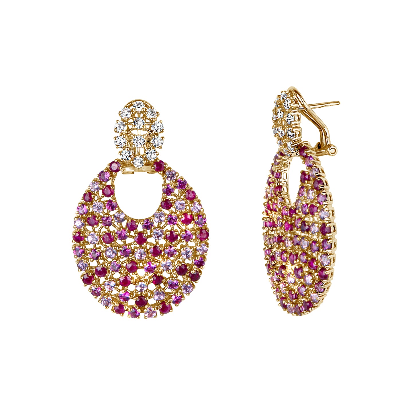 Diamond, Pink Sapphire & Ruby Large Oval Disc Earrings