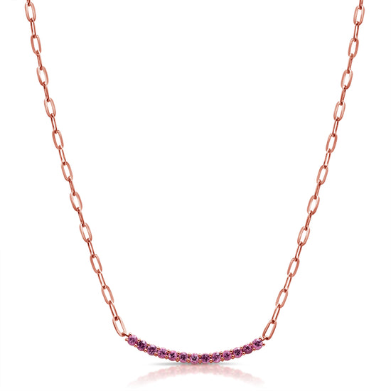 Curved Pink Sapphire Bar on Paperclip Necklace