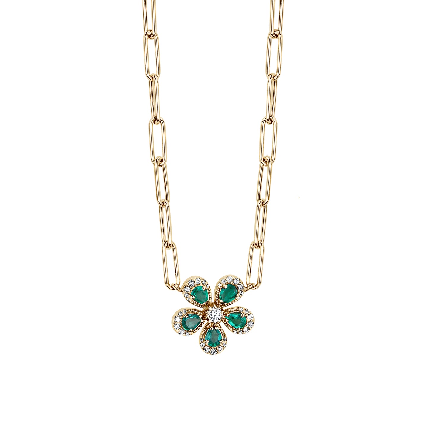 Paperclip Necklace With Colored Stone & Diamond Flower