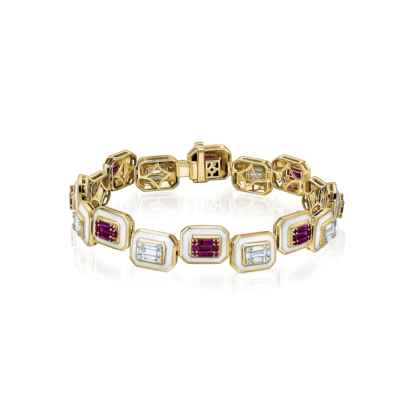 Baguette Diamond & Ruby Tennis Bracelet Set In Enamel Jn