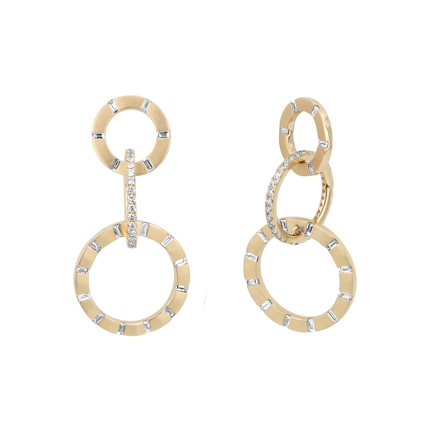 Load image into Gallery viewer, 3 Ring Brushed Gold &amp;amp; Diamond Hanging Earrings
